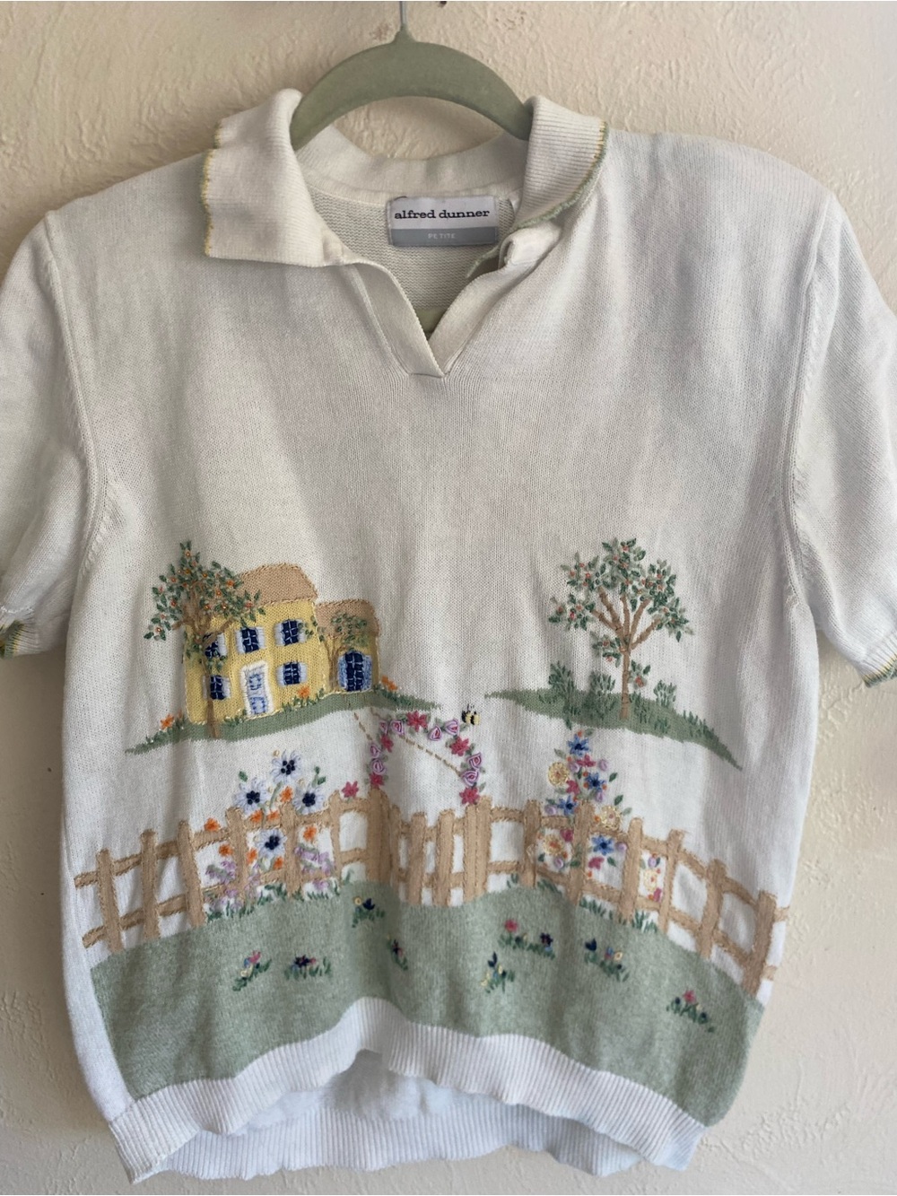 Alfred Dunner Cream Polo Sweater with Yellow Cottage Embroidery